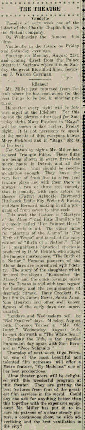 Regent Theater - August 10 1916 Vaudette And Idlehour Ads (newer photo)